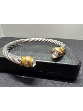 Elegant Twisted Cable Cuff Bracelet With Gold-Tone Caps & Sparkling Crystal Acce
